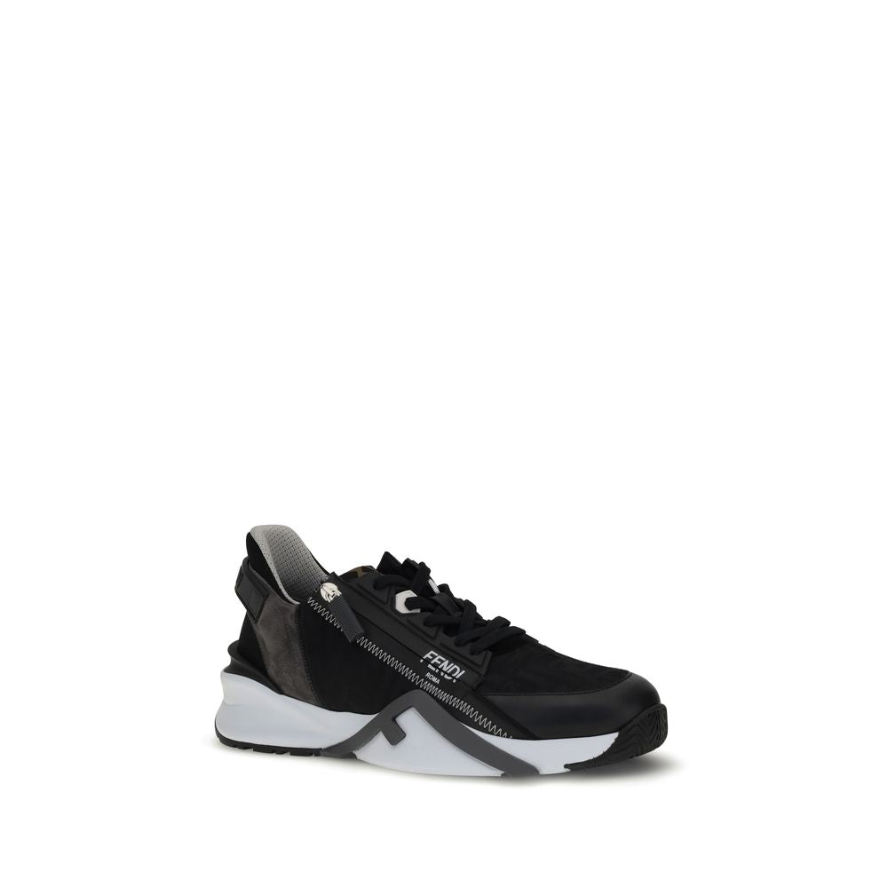 Fendi Gray Calf Leather Bos Taurus Athletic Sneakers with black FF jacquard nylon, gray suede, and a wavy white rubber sole.