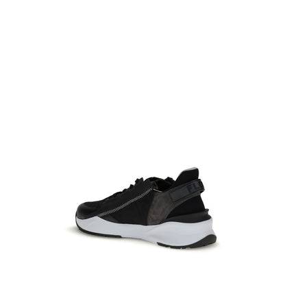 Fendi Gray Calf Leather Bos Taurus Athletic Sneakers with embossed Fendi lettering and modern design, side view.