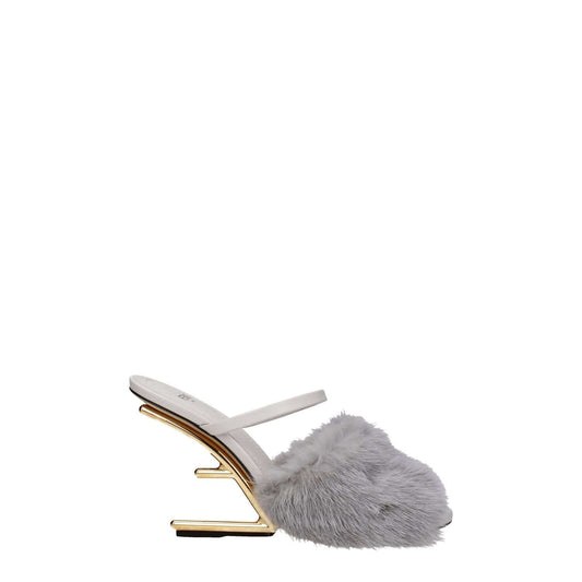 Fendi Gray Mink Slippers with open toe, side logo, high heel, and leather sole in light grey, casual style.