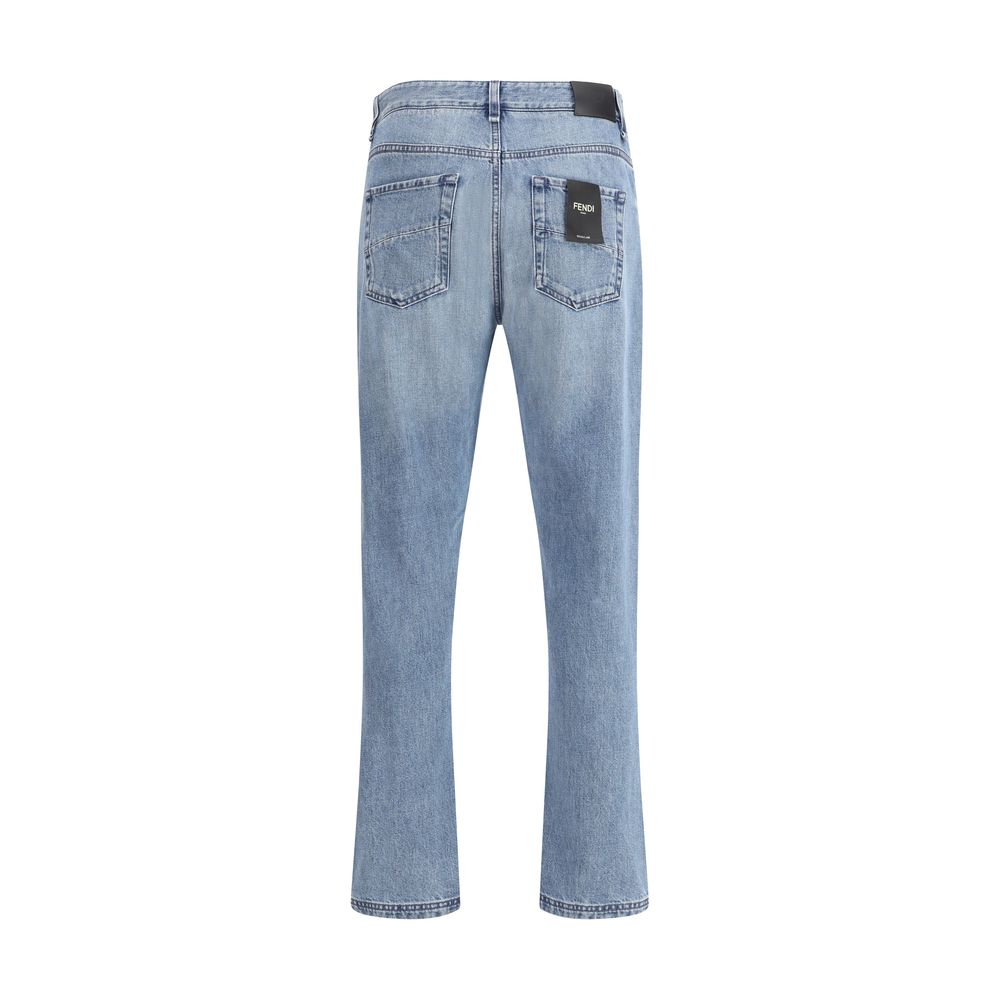 Fendi Light Blue Cotton Straight-Leg Jeans showcasing a back view with a classic 5-pocket design and logo detail.