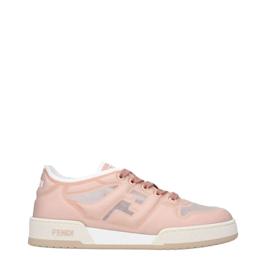 Fendi Pink Fibres Sneakers with front, side, and back logos, lace-up closure, net material, round toe, rubber sole, and blossom accents.