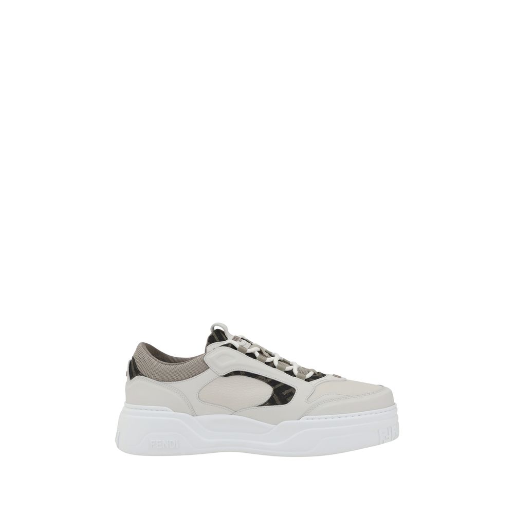 Fendi White Calf Leather Bos Taurus Low Top Sneakers with paneled design and textured sole, showcasing urban style and comfort.