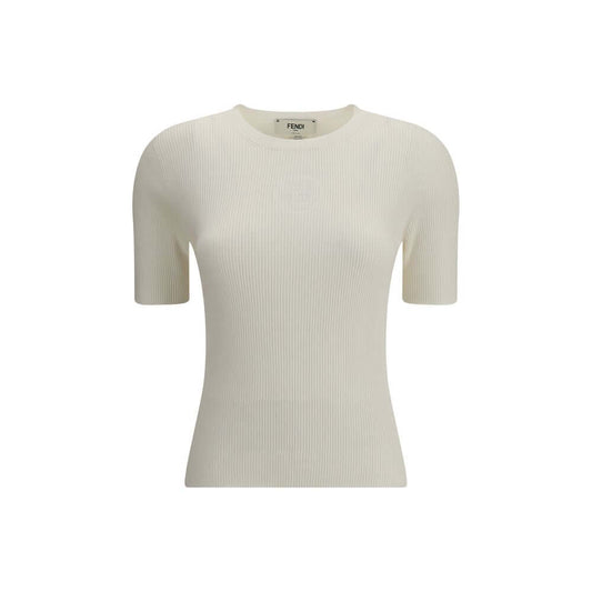 Fendi White Silk T-Shirt with Fendi 1925 Stamp and ribbed texture, slim fit with short sleeves for a sophisticated casual look.