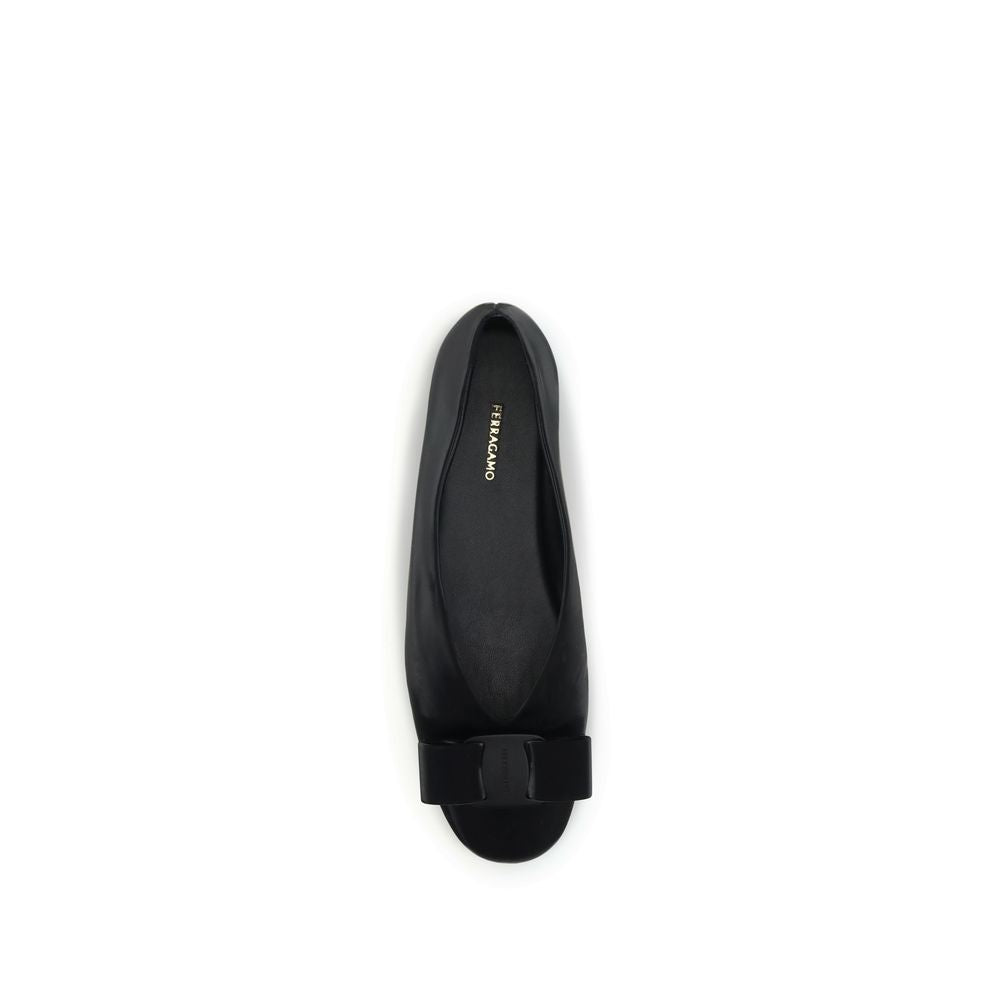 Ferragamo Black Calf Leather Bos Taurus Ballet Flats with Vara bow, top view
