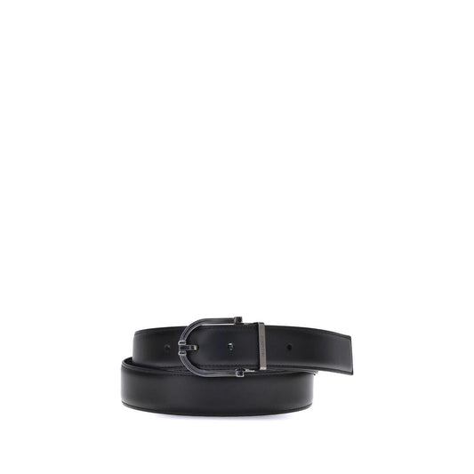 Ferragamo Black Calf Leather Bos Taurus Belt with reversible design and geometric buckle.