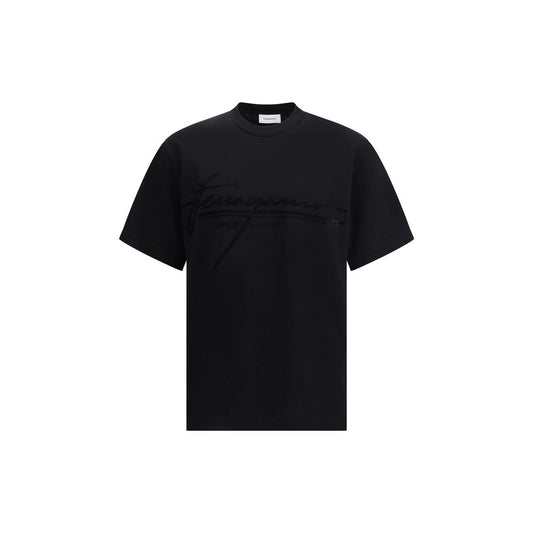 Ferragamo Black Cotton T-Shirt with ribbed crew neck and tone-on-tone signature, showcasing minimal elegance and refined details.