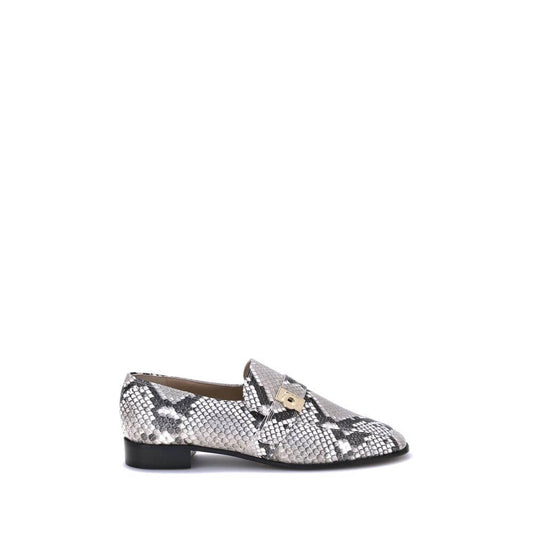 Ferragamo Multicolor Goatskin Slip-On Loafers with python print, squared toe, block heel, and golden metal detail for elegance and comfort.