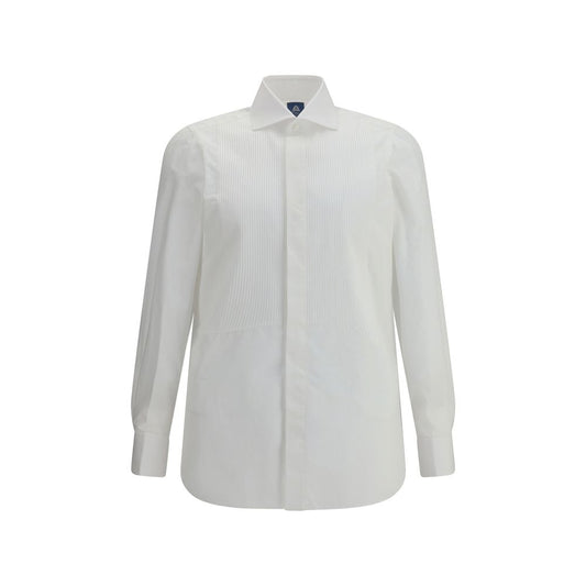 Finamore White Cotton Dress Shirt with French collar, concealed buttons, and adjustable cuffs designed for formal occasions, regular fit.