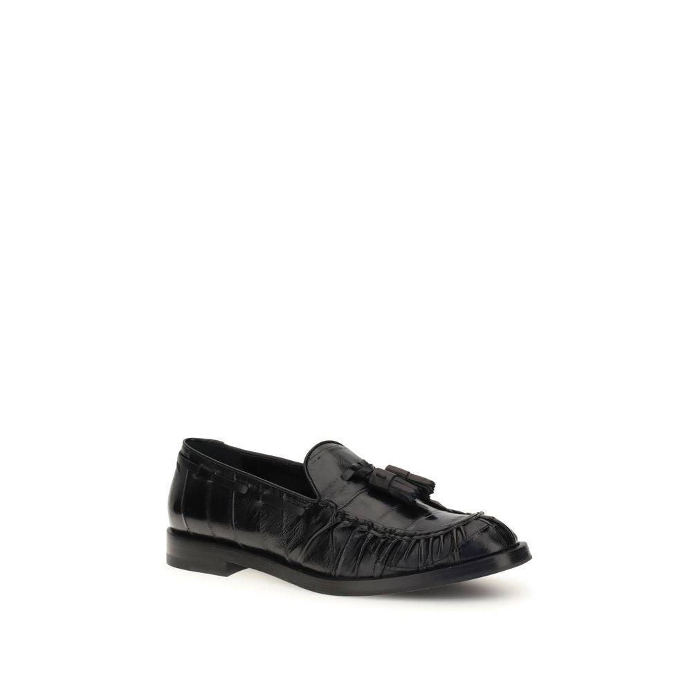 Fratelli Rossetti Black Rubber Slip-On Loafers with tassels, leather upper, round toe, and flat sole for smart or casual AW25 looks.