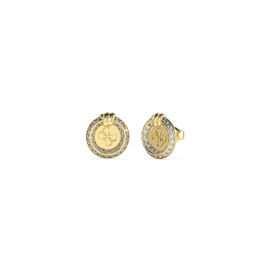 Gold earrings featured in GUESS JEWELS JEWELRY Mod. JUBE04058JWYGT-U collection, detailed with logo and rhinestone accents.