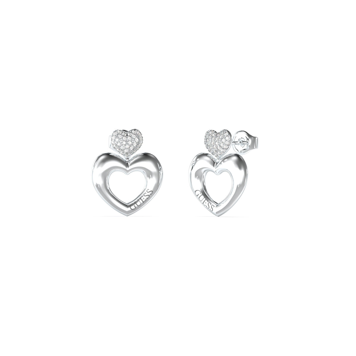 GUESS JEWELS JEWELRY Mod. JUBE05209JWRHT-U, elegant silver heart earrings with a sparkling crystal accent, perfect for special occasions.