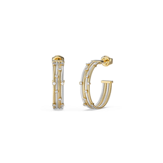 Gold and silver hoop earrings from GUESS JEWELS JEWELRY Mod. JUBE05386JWYGRHT-U, featuring intricate detailing and gemstones.