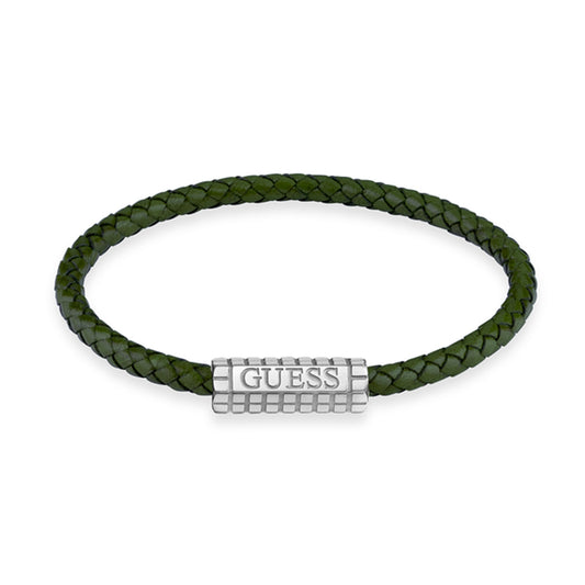 GUESS JEWELS JEWELRY Mod. JUMB05035JWSTDGS green braided bracelet with silver accent.