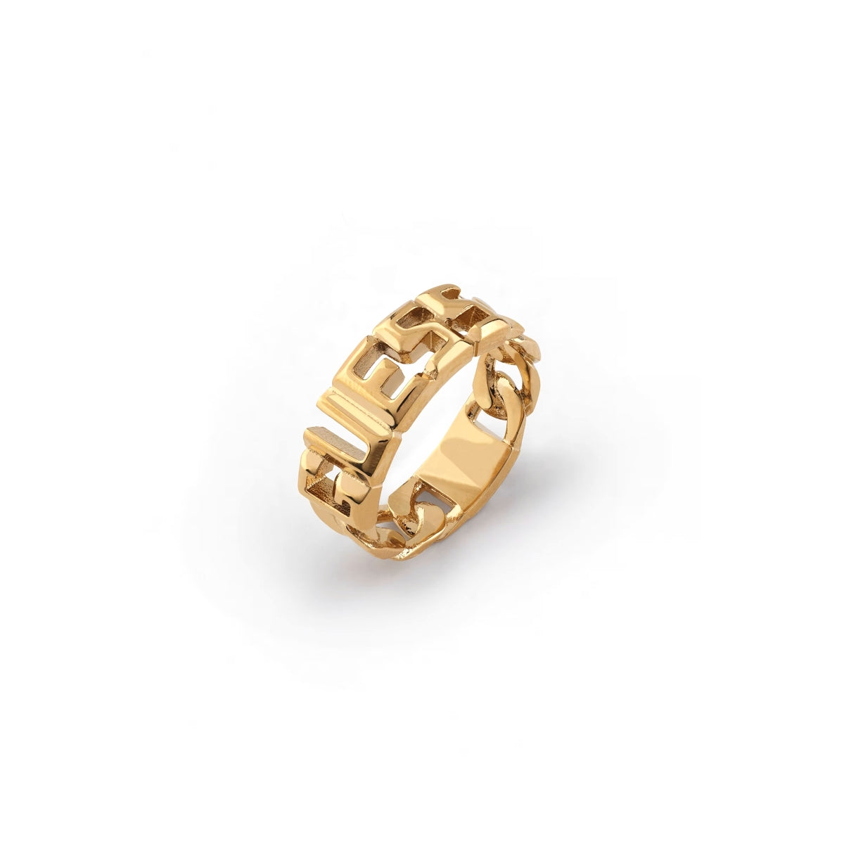 GUESS JEWELS JEWELRY Mod. JUMR03206JWYGBK64 gold ring featuring a bold and intricate design.