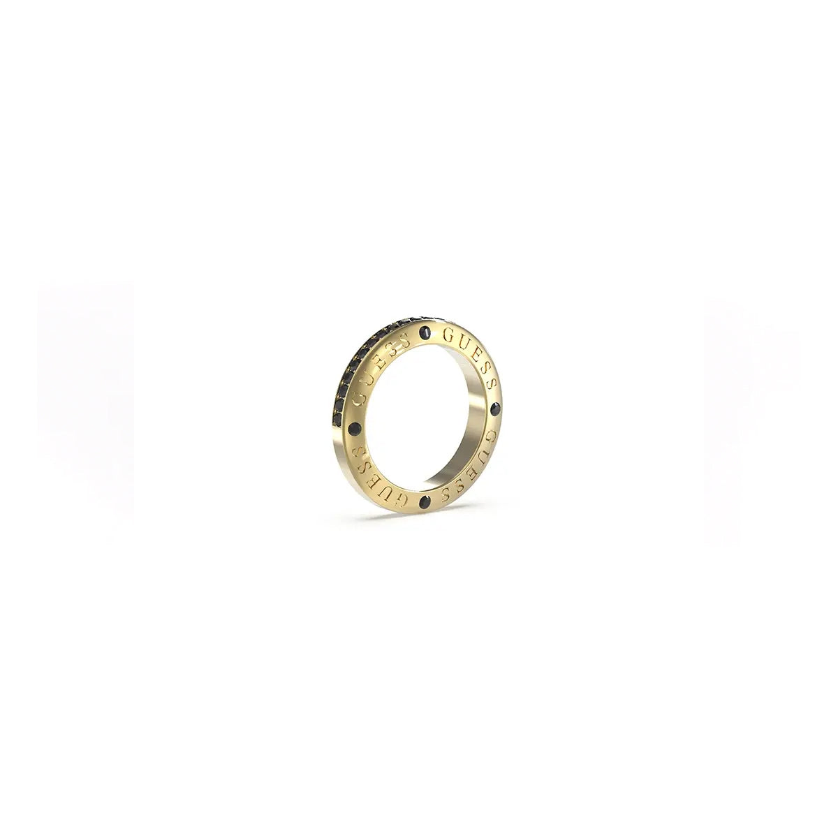 GUESS JEWELS JEWELRY Mod. JUMR03219JWYGBK62 gold ring with engraved logo on white background