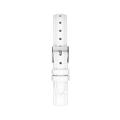 White leather watch strap with silver buckle, adjustable holes designed for comfort and style.
