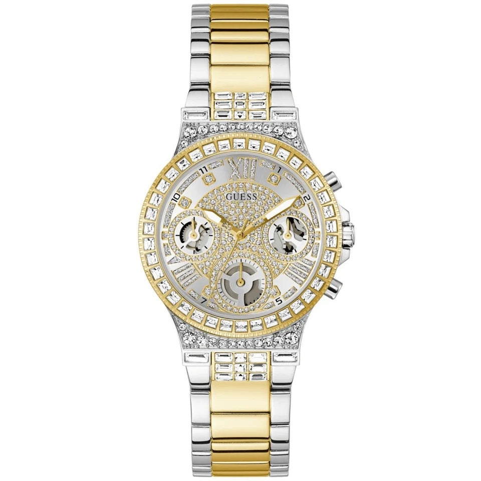 Luxury watch with gold and silver accents, featuring elegant design and detailed craftsmanship, branded as GUESS Mod. MOONLIGHT.