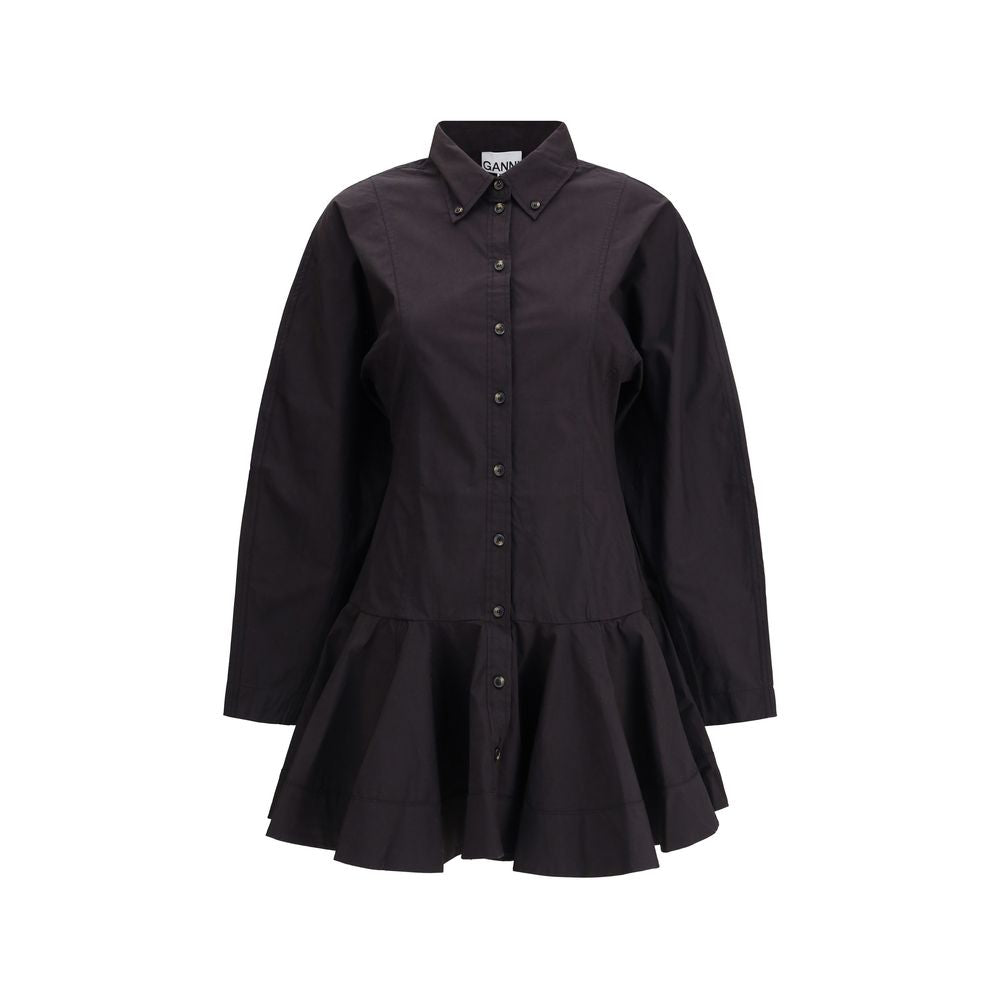 Ganni Black Cotton Casual Dress with long sleeves, classic collar, front button closure, low waist, and gathered hemline for a feminine touch.