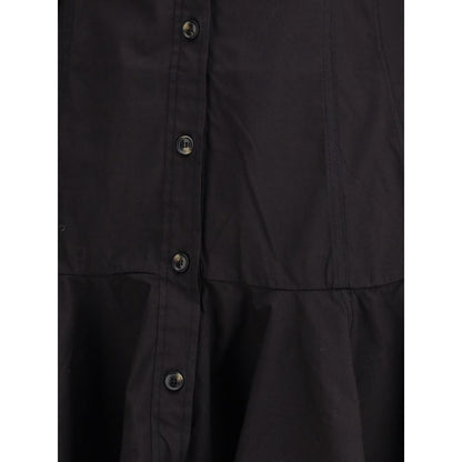 Ganni Black Cotton Casual Dress with classic collar and button closure, featuring long sleeves, low waist, and gathered hemline.