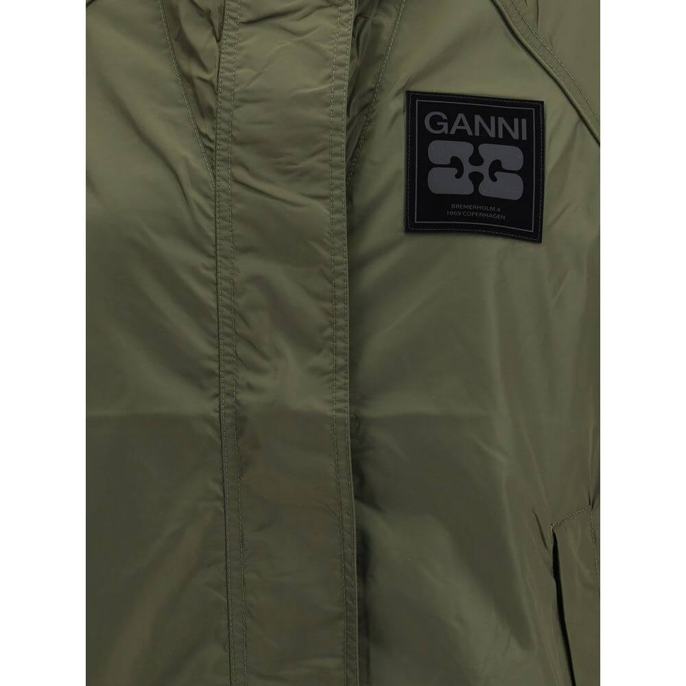 Ganni Green Nylon Shell Jacket with logo patch, hood, and zipper, ideal for all-weather protection, Autumn-Winter 2025 collection.