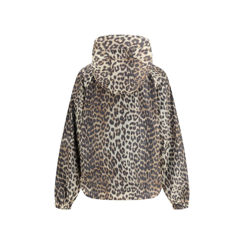 Back view of Ganni Multicolor Nylon Rain Coat with leopard print and hood, featuring a stylish and functional design for rainy days.