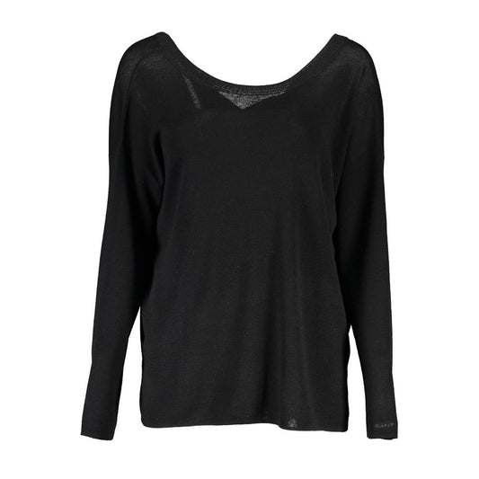 Gant Black Wool Sweater with long sleeves and round neck, featuring logo detail.
