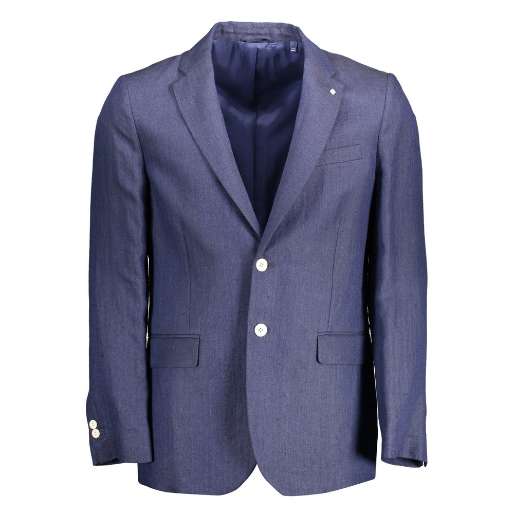 Gant Blue Linen Men Jacket with two-button closure and long sleeves, featuring signature logo, perfect for elevating sophisticated style.