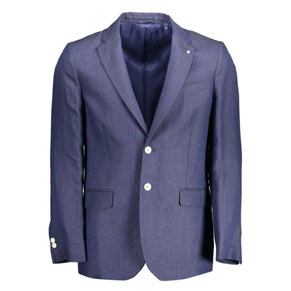Gant Blue Linen Men Jacket with two-button closure and long sleeves, featuring signature logo, perfect for elevating sophisticated style.