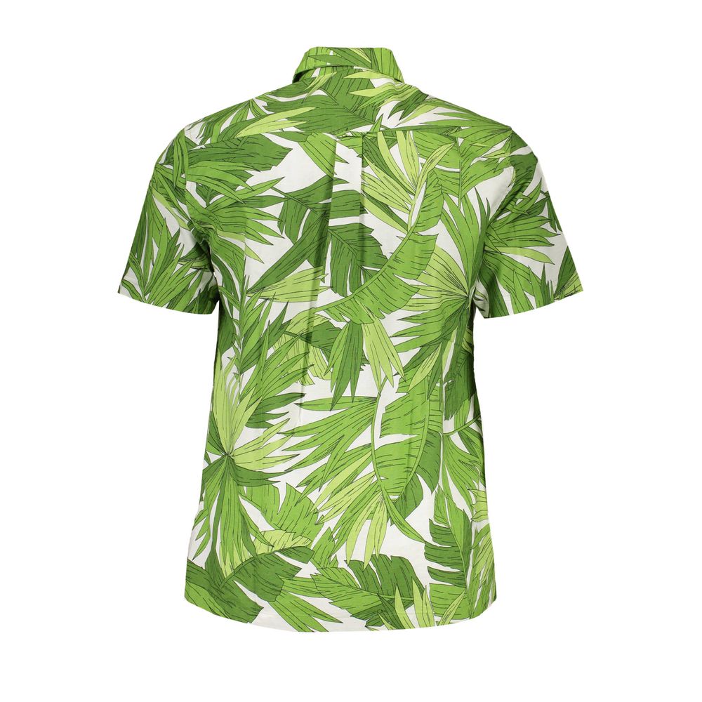 Gant Green Cotton Men Shirt, short sleeve, organic cotton, tropical leaf pattern, back view highlighting sustainable style and comfort.