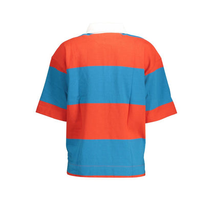Blue and red striped unisex casual top with short sleeves, back view