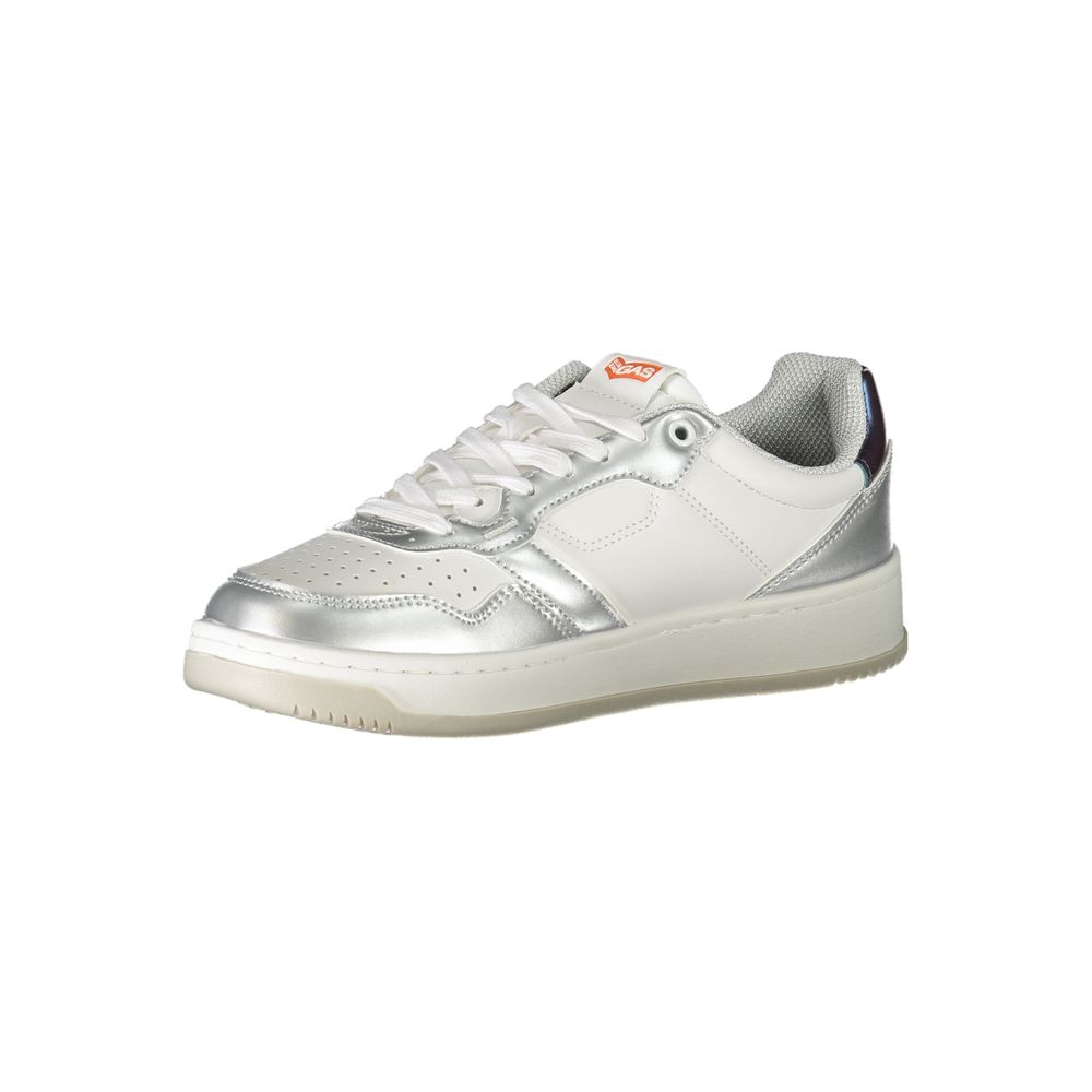 Gas White Polyester Sneaker with laces, silver contrast details, and logo on side view.