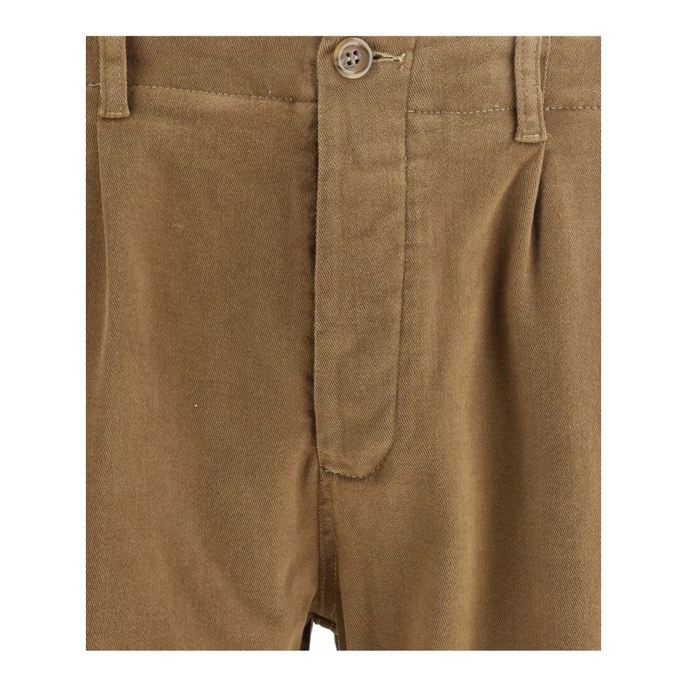 Close-up of Germano Brown Cotton Pants showcasing zip-and-button front closure and casual style for AW25 season.