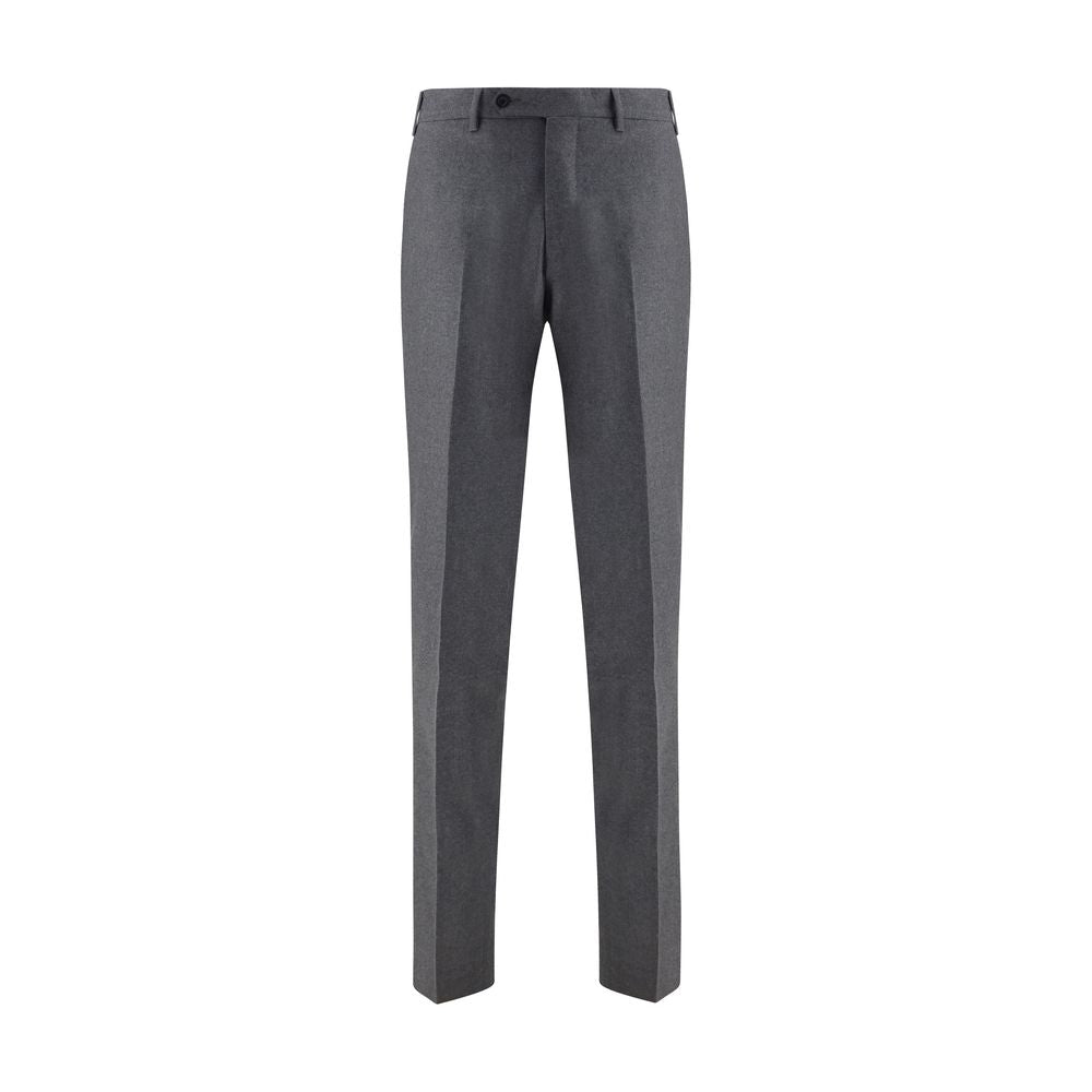 Germano Gray Fleece Wool Dress Pants with slim fit, front zipper, and button closure for formal wear.