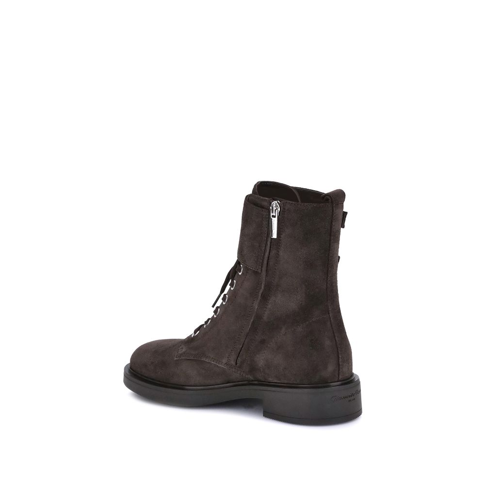 Back view of Gianvito Rossi Black Calf Leather Bos Taurus Lace-Up Boots with side zipper and buckles, showcasing chic style and comfort.