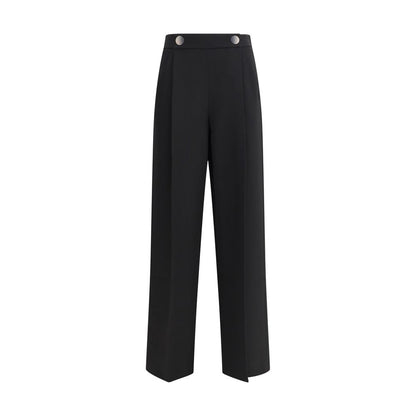 Giorgio Armani Black Silk Casual Pants with elegant pressed darts, distinctive buttons, and side zipper, ideal for sophisticated looks.