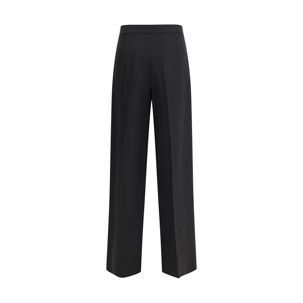 Giorgio Armani Black Silk Casual Pants with pressed darts, side zipper, and slanted pockets, perfect for a sophisticated AW25 look.