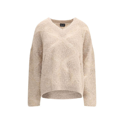 Giorgio Armani Cream Cashmere Cashmere Sweater with V-neck design and delicate sheer effect; luxurious cashmere and alpaca blend.