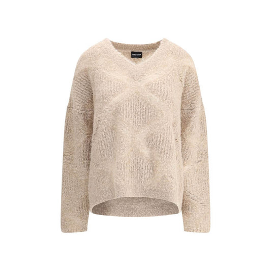 Giorgio Armani Cream Cashmere Cashmere Sweater with V-neck design and delicate sheer effect; luxurious cashmere and alpaca blend.