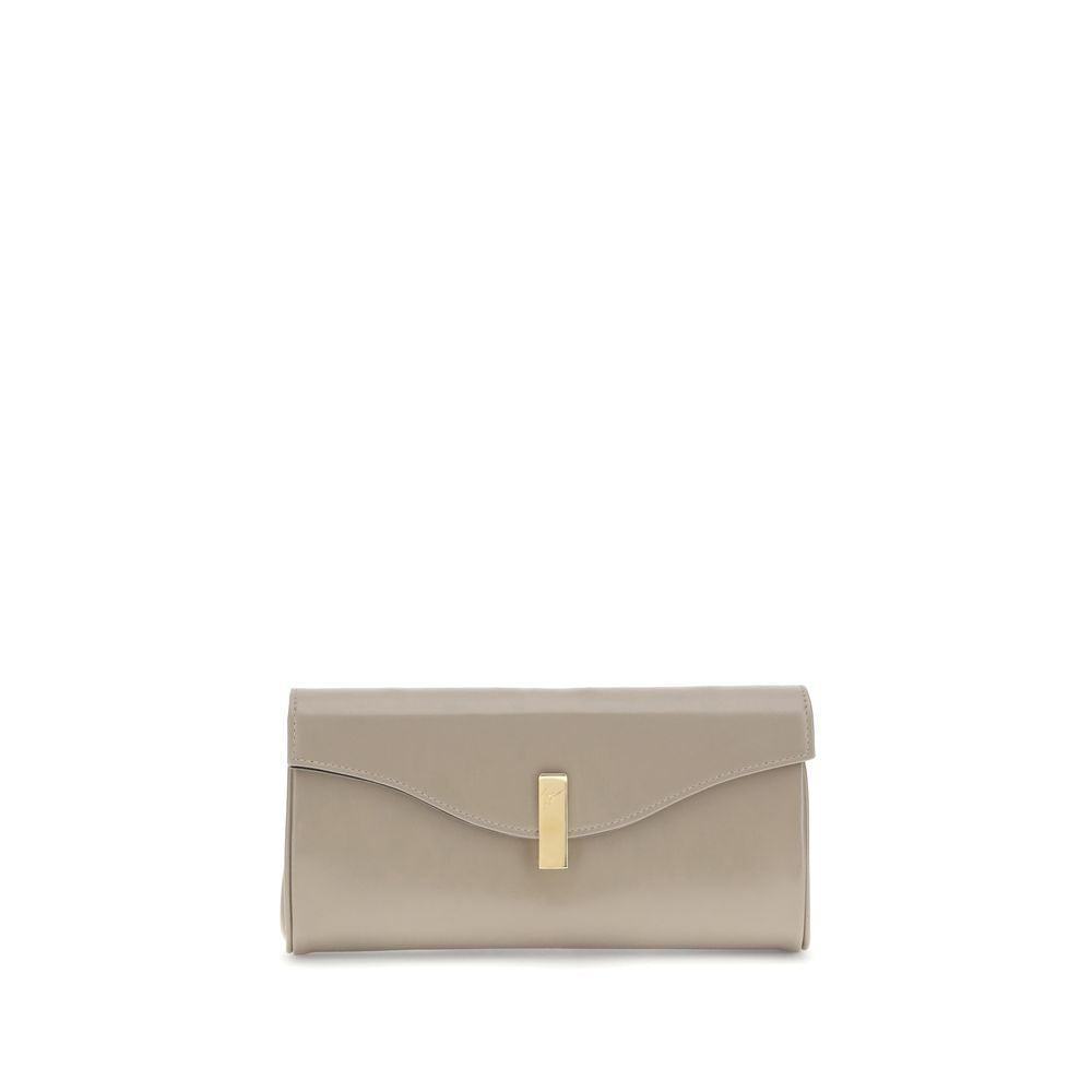 Giuseppe Zanotti Beige Leather Clutch Bag with gold-tone chain and logoed metal closure, featuring a slip pocket and card slot.