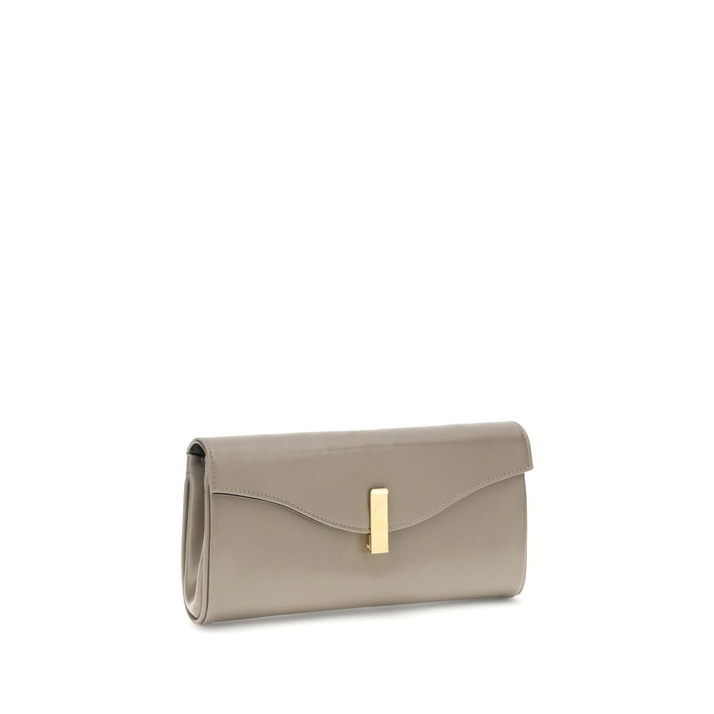 Giuseppe Zanotti Beige Leather Clutch Bag with gold-tone chain strap and logoed metal closure.