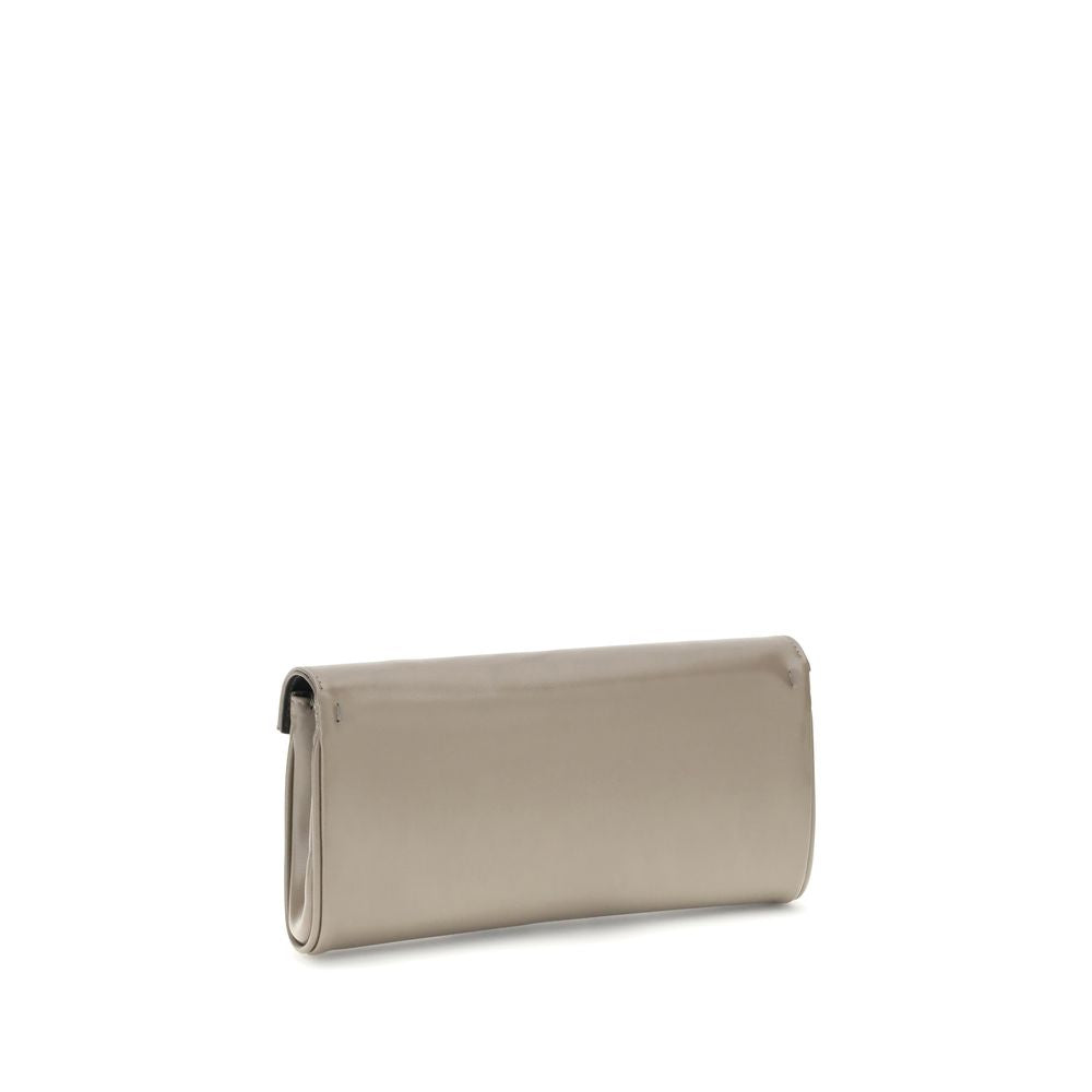 Giuseppe Zanotti Beige Leather Clutch Bag with logoed metal closure and gold-tone chain strap