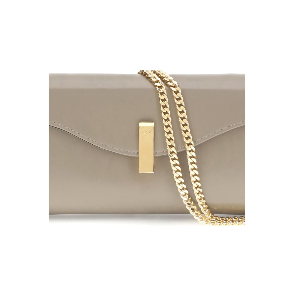 Giuseppe Zanotti Beige Leather Clutch Bag with gold-tone chain and logoed metal closure, elegant and compact design.