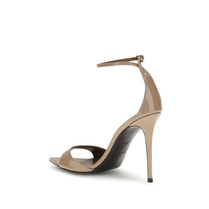Giuseppe Zanotti Beige Leather Stiletto Heel Sandals with silver-tone metal strap, pointed open-toe design, and logo-embossed insole.