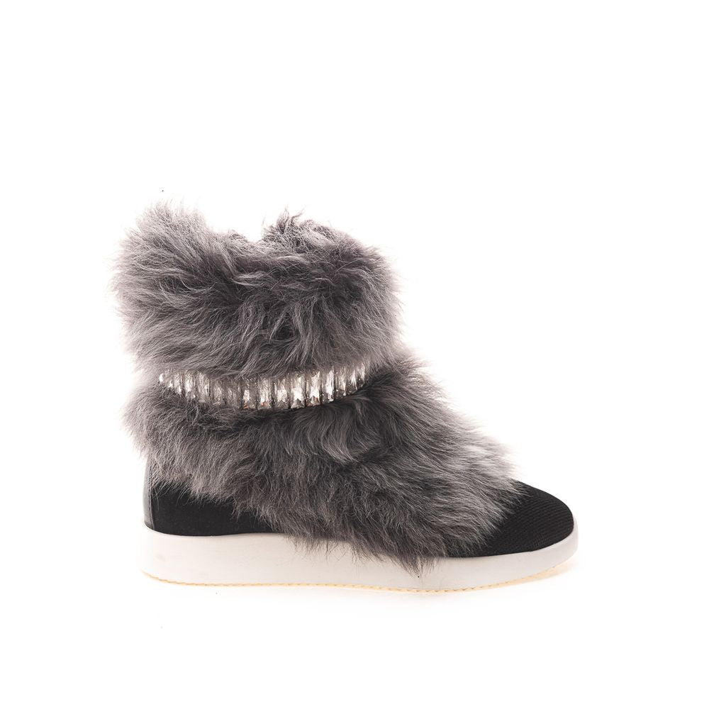 Giuseppe Zanotti Black Neoprene Chunky Sneakers with faux fur and crystals, featuring a round toe and side zipper.