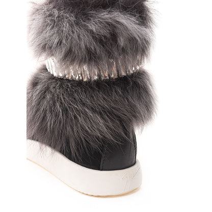 Giuseppe Zanotti Black Neoprene Chunky Sneakers with faux fur and crystal band, white rubber sole, side zipper detail.