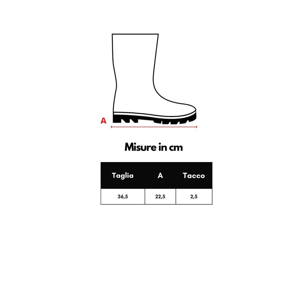 Size chart for boot with measurements in cm, including width and heel height, shown in a diagram.
