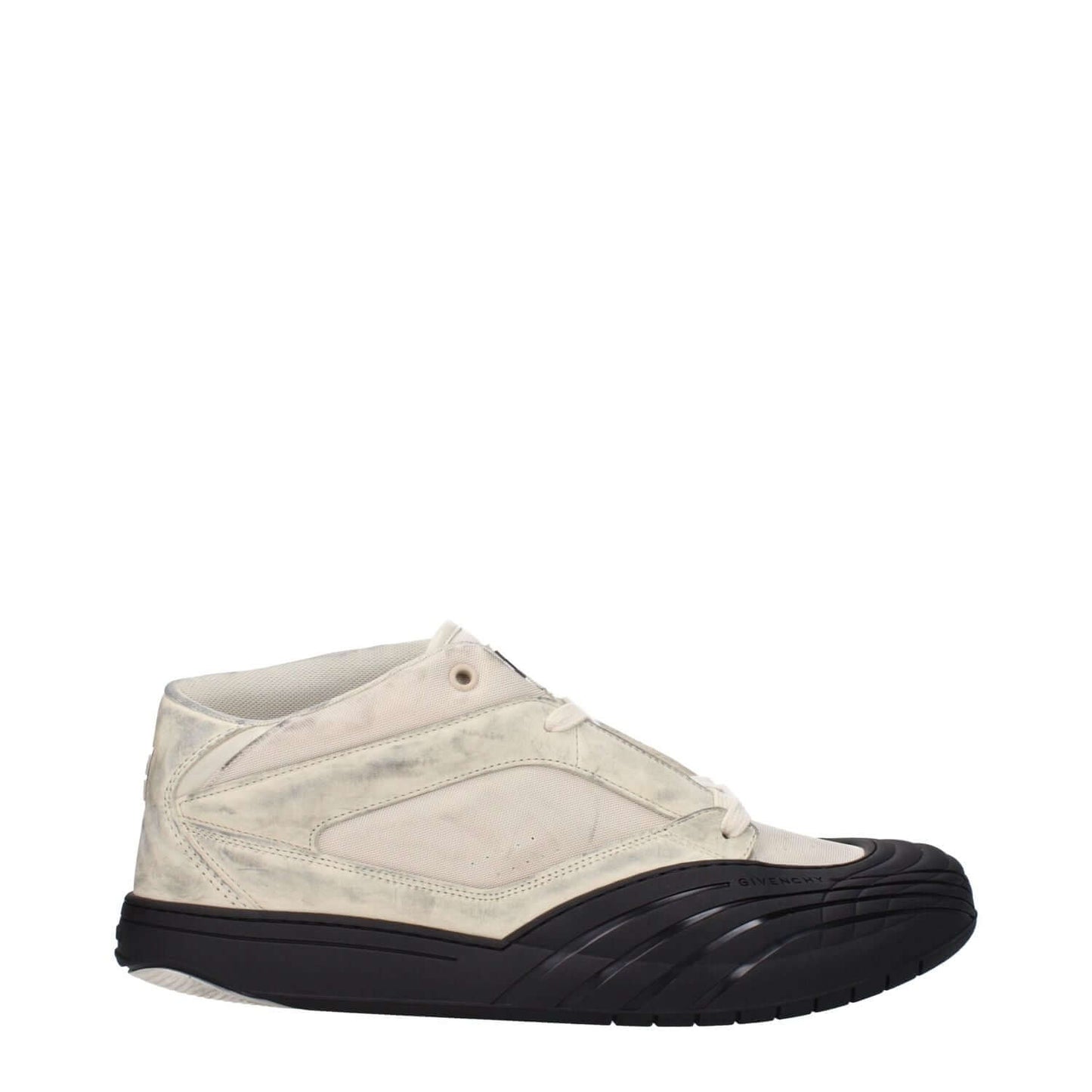 Givenchy Beige Fabric Chunky Sneakers with vintage and aged effect, featuring front and back logo, lace-up closure, and rubber sole.