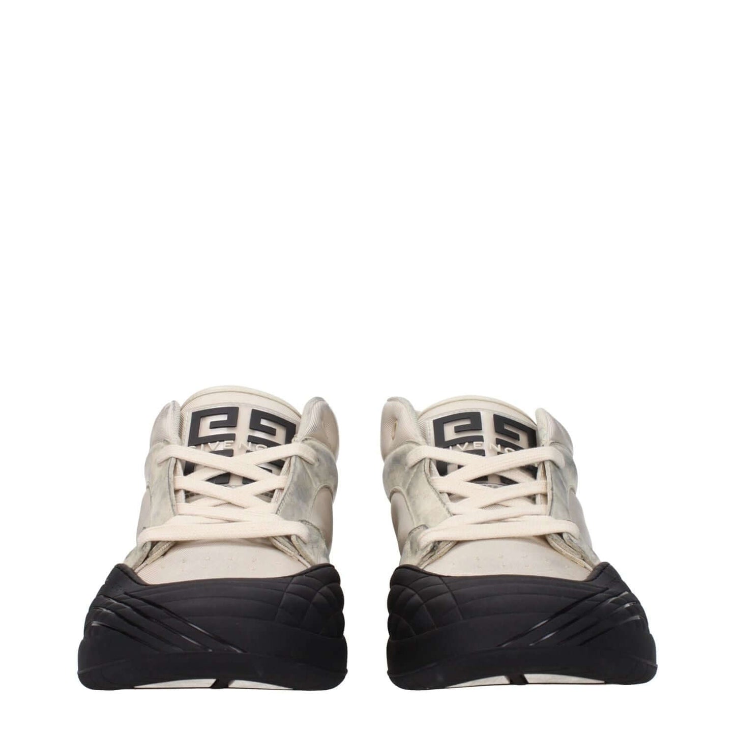Front view of Givenchy Beige Fabric Chunky Sneakers with front logo and vintage effect, featuring lace-up closure and rubber sole.