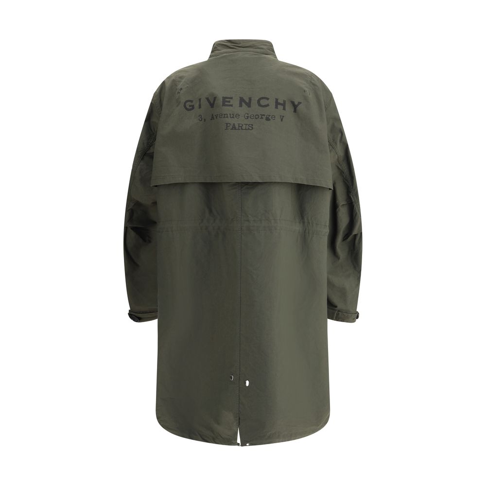 Back view of Givenchy Bicolor Cotton Clothing parka with iconic monogram and adjustable drawstring waist, showcasing functional design.