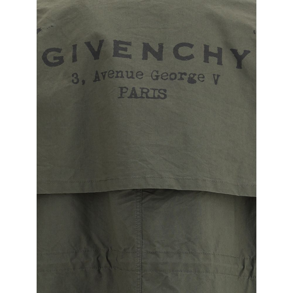 Close-up of Givenchy Bicolor Cotton Clothing label on parka jacket with iconic monogram and adjustable features for modern style.